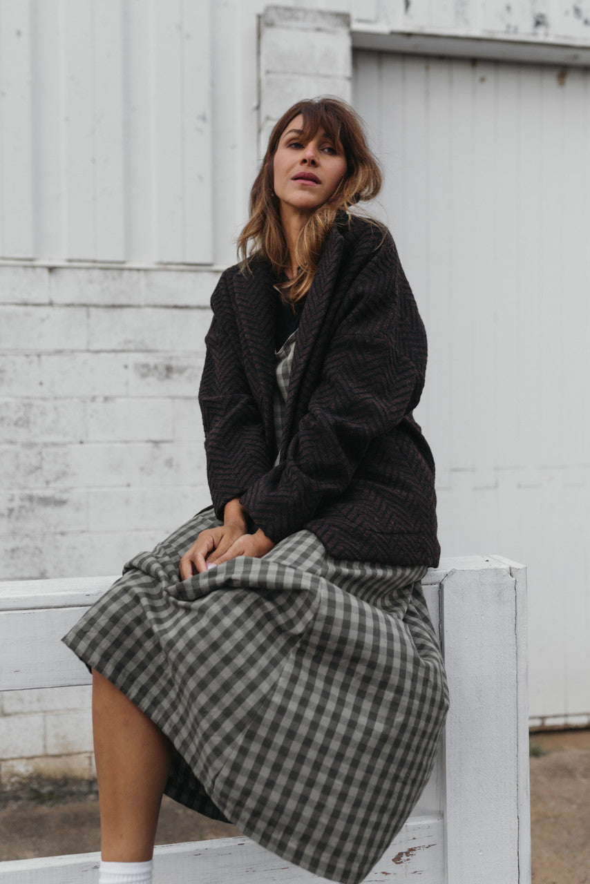 Portuguese Wool Pieper Coat in Black and Brown Herringbone Made to Order