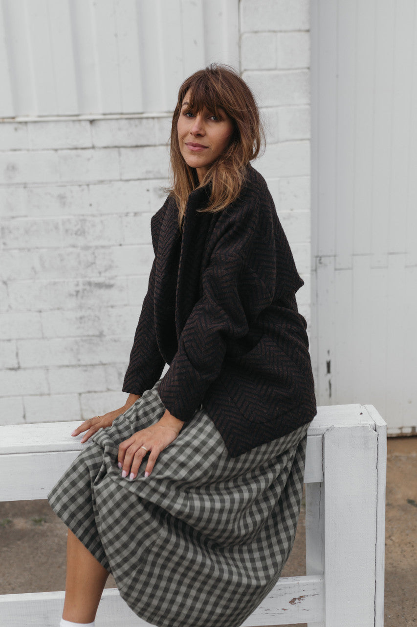 Portuguese Wool Pieper Coat in Black and Brown Herringbone Made to Order