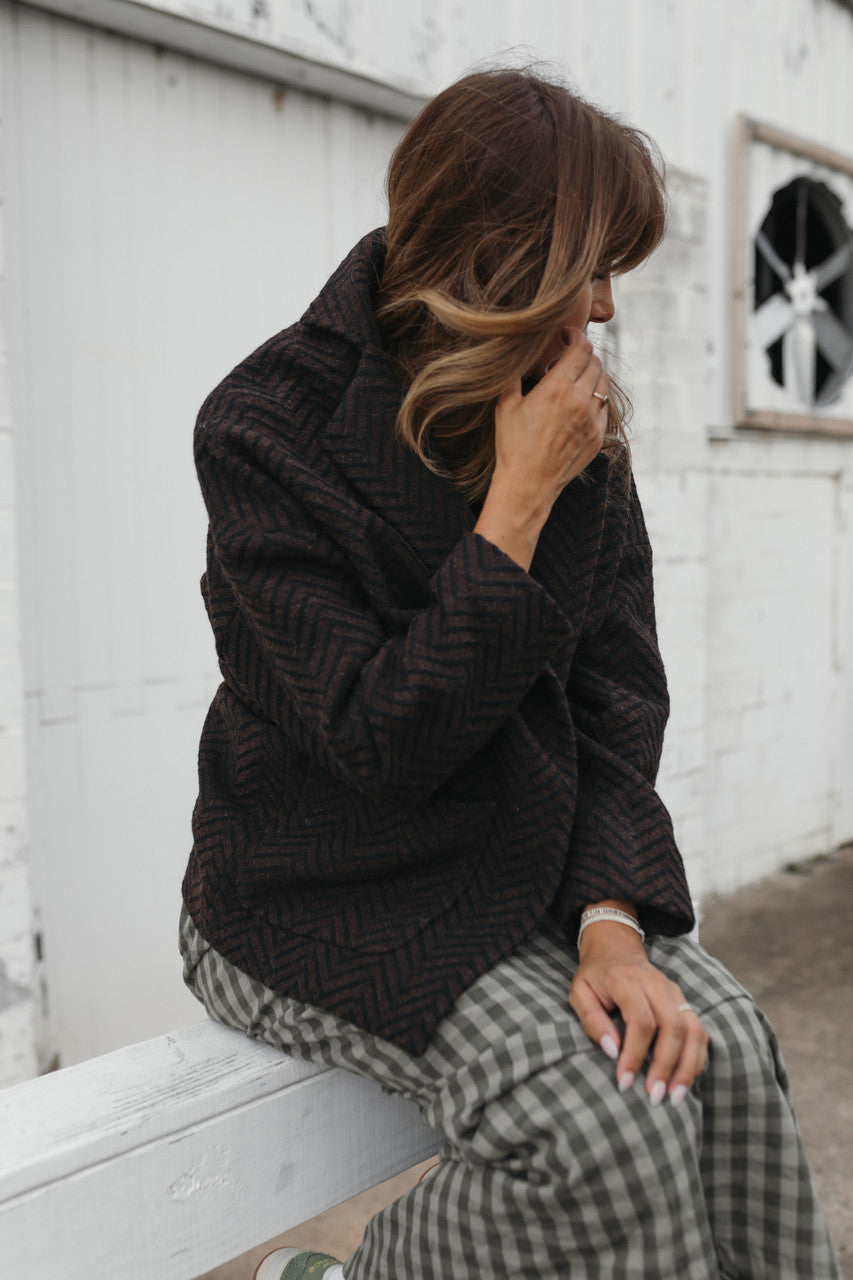 Portuguese Wool Pieper Coat in Black and Brown Herringbone Made to Order