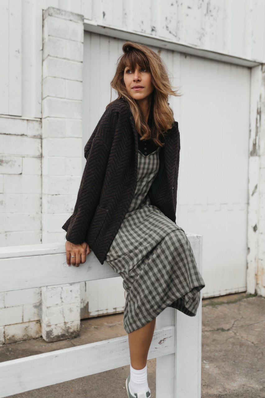 Portuguese Wool Pieper Coat in Black and Brown Herringbone Made to Order