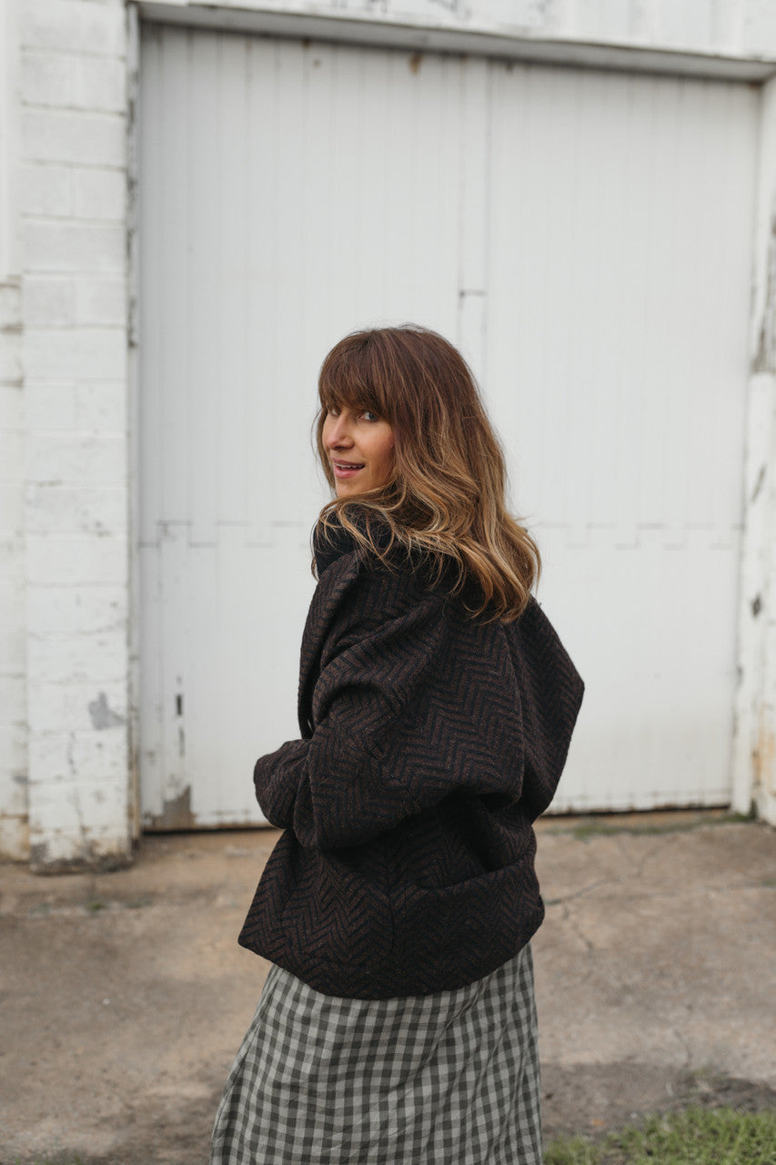 Portuguese Wool Pieper Coat in Black and Brown Herringbone Made to Order