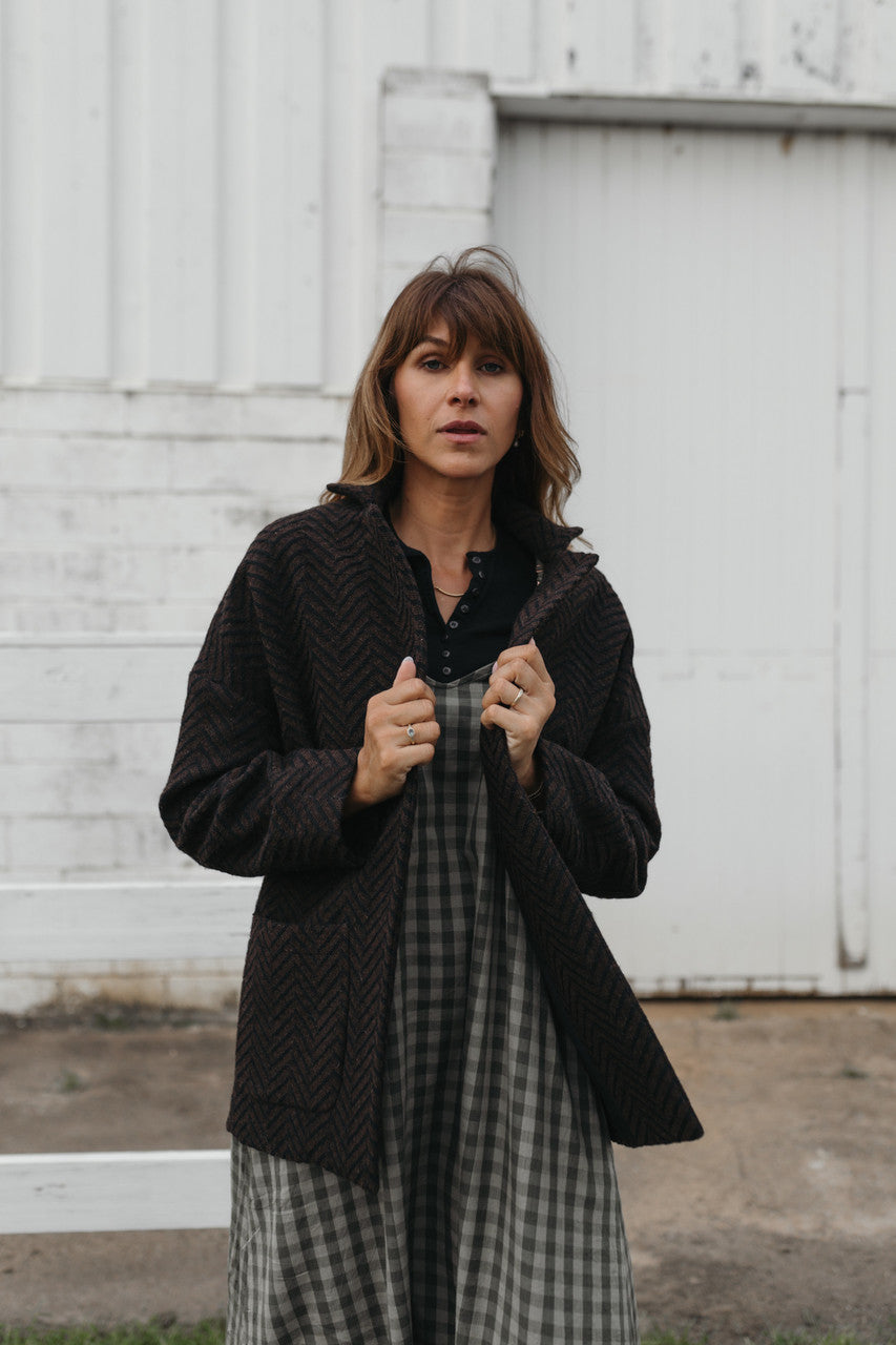 Portuguese Wool Pieper Coat in Black and Brown Herringbone Made to Order