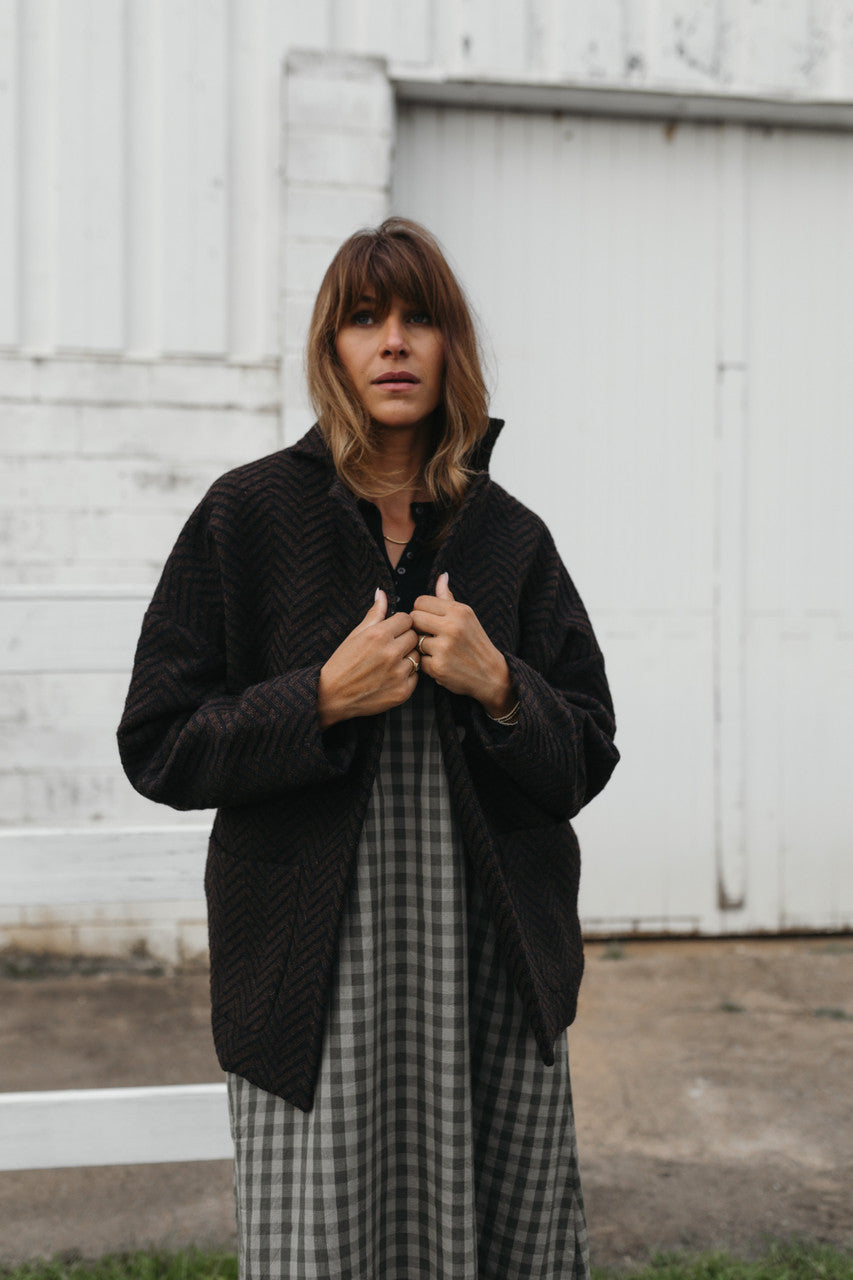 Portuguese Wool Pieper Coat in Black and Brown Herringbone Made to Order