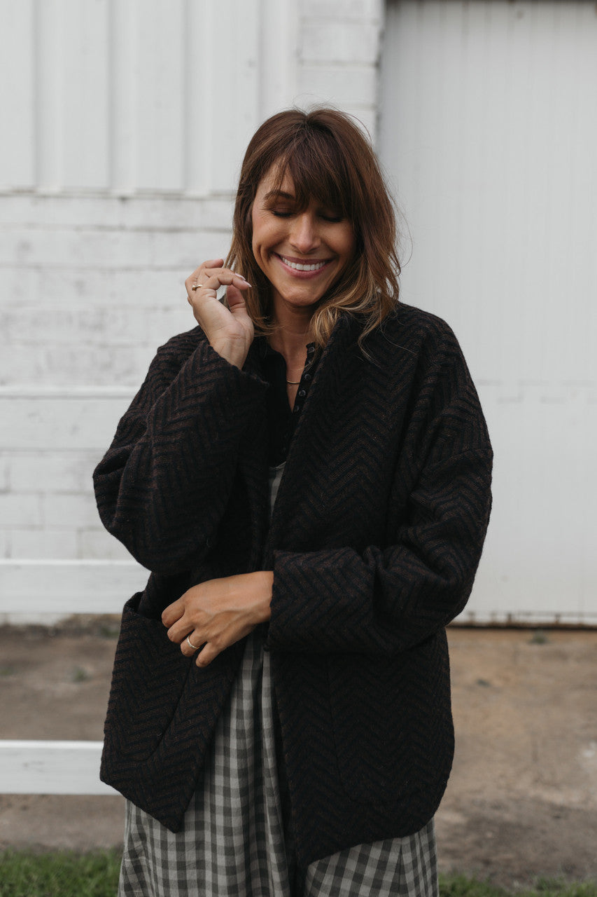 Portuguese Wool Pieper Coat in Black and Brown Herringbone Made to Order