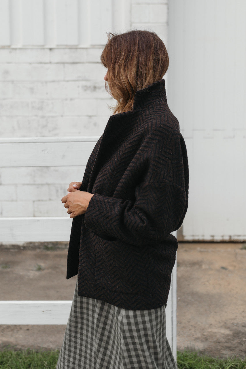 Portuguese Wool Pieper Coat in Black and Brown Herringbone Made to Order