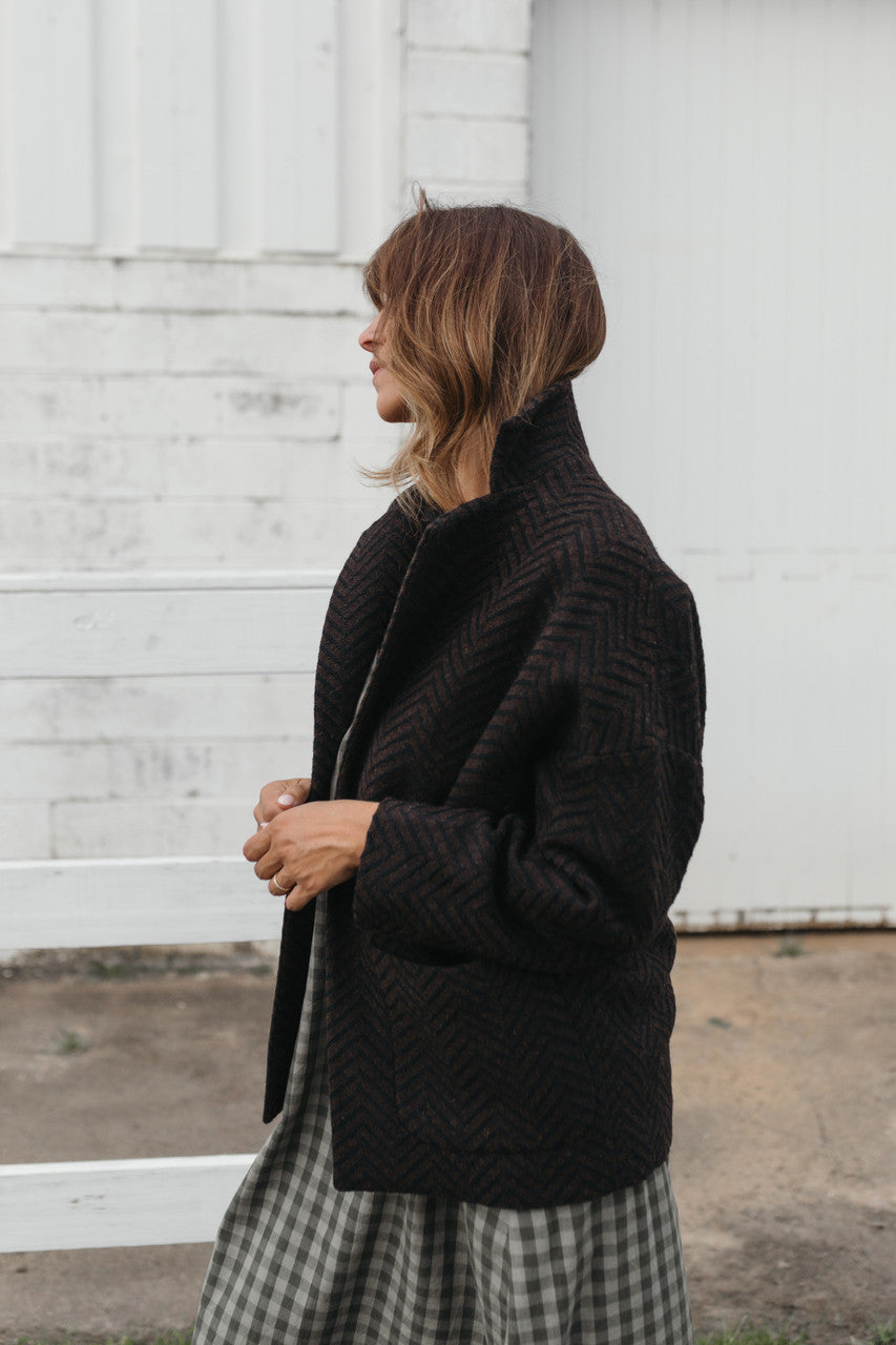 Portuguese Wool Pieper Coat in Black and Brown Herringbone Made to Order