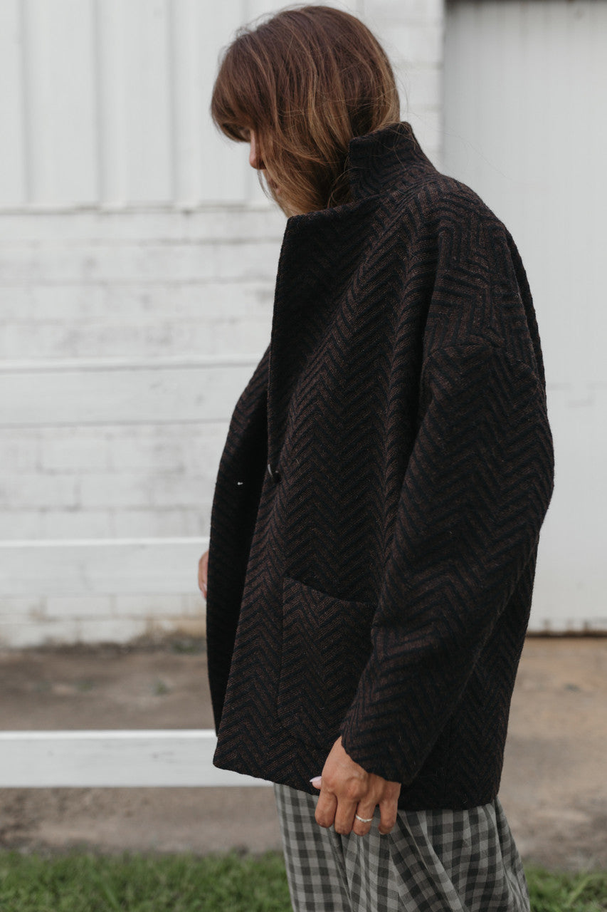Portuguese Wool Pieper Coat in Black and Brown Herringbone Made to Order