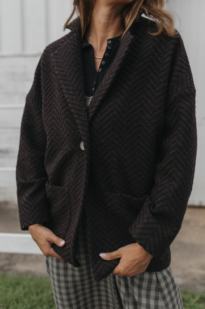 Portuguese Wool Pieper Coat in Black and Brown Herringbone Made to Order
