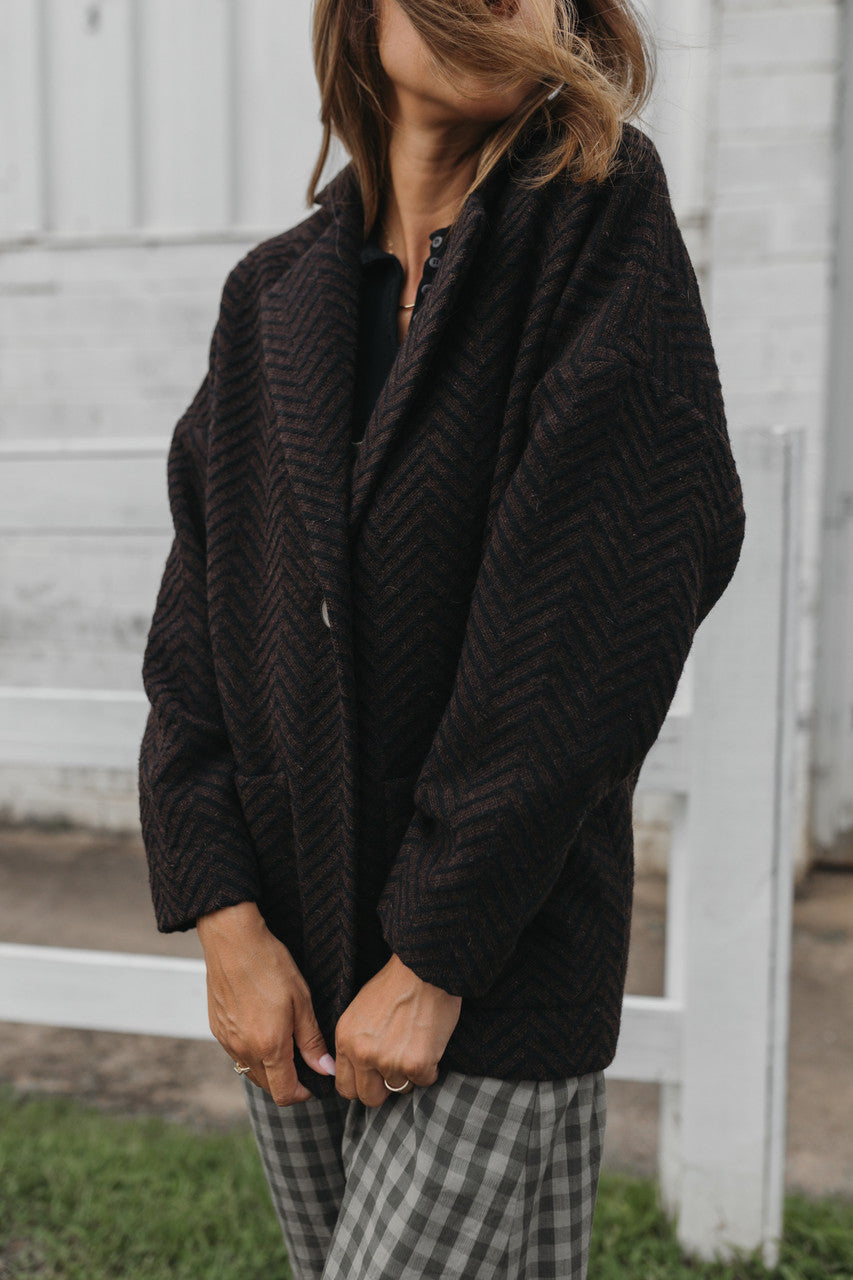 Portuguese Wool Pieper Coat in Black and Brown Herringbone Made to Order