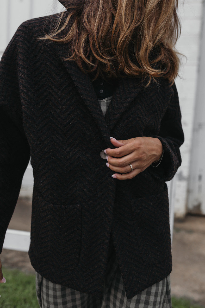 Portuguese Wool Pieper Coat in Black and Brown Herringbone Made to Order