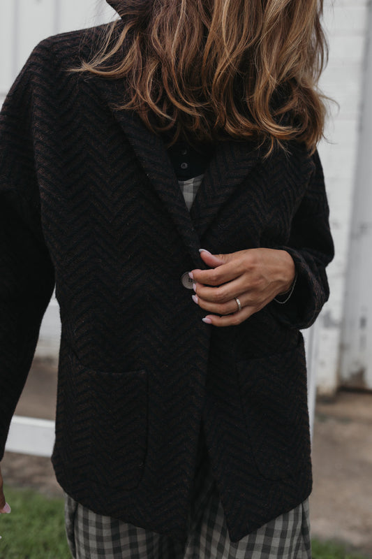 Portuguese Wool Pieper Coat in Black and Brown Herringbone Made to Order