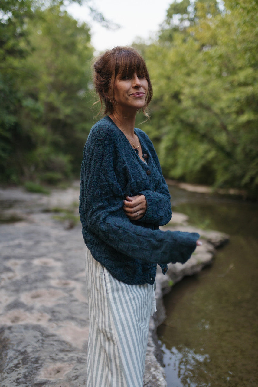 Tina Triangle Knit Cotton Cardigan in Teal Made to Order