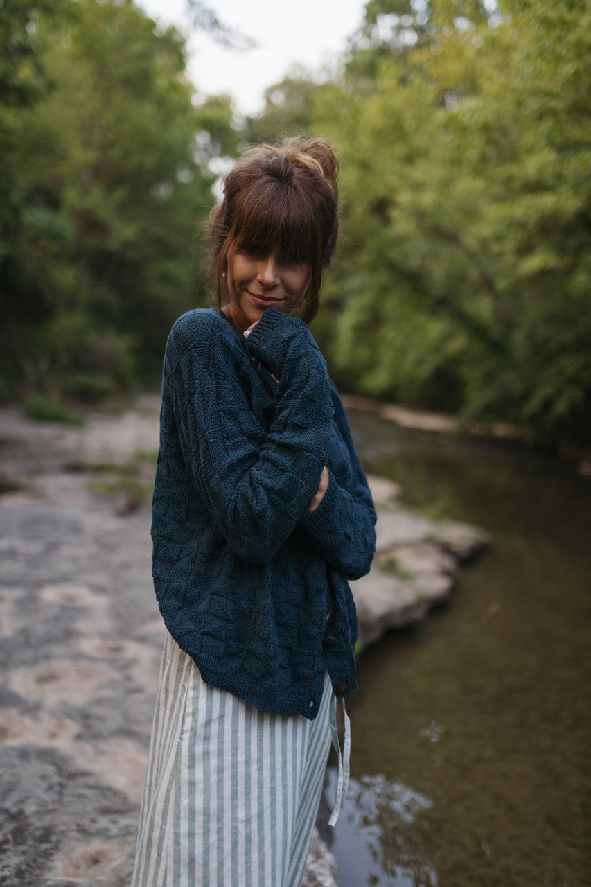 Tina Triangle Knit Cotton Cardigan in Teal Made to Order
