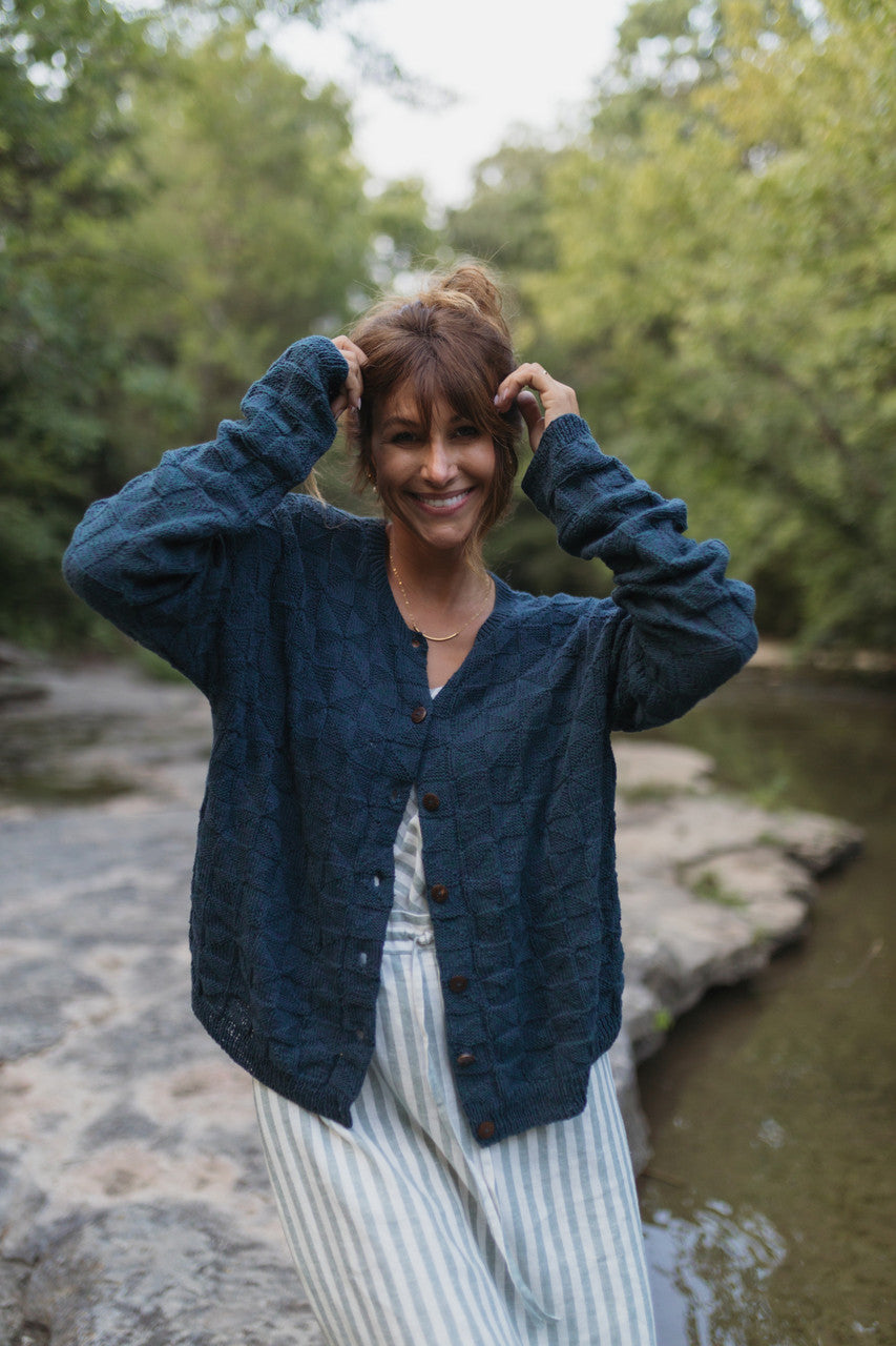 Tina Triangle Knit Cotton Cardigan in Teal Made to Order