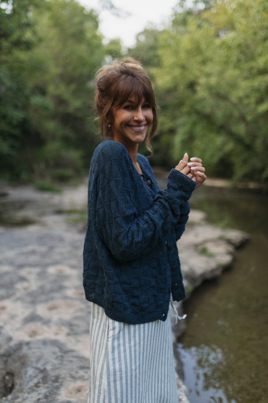 Tina Triangle Knit Cotton Cardigan in Teal Made to Order