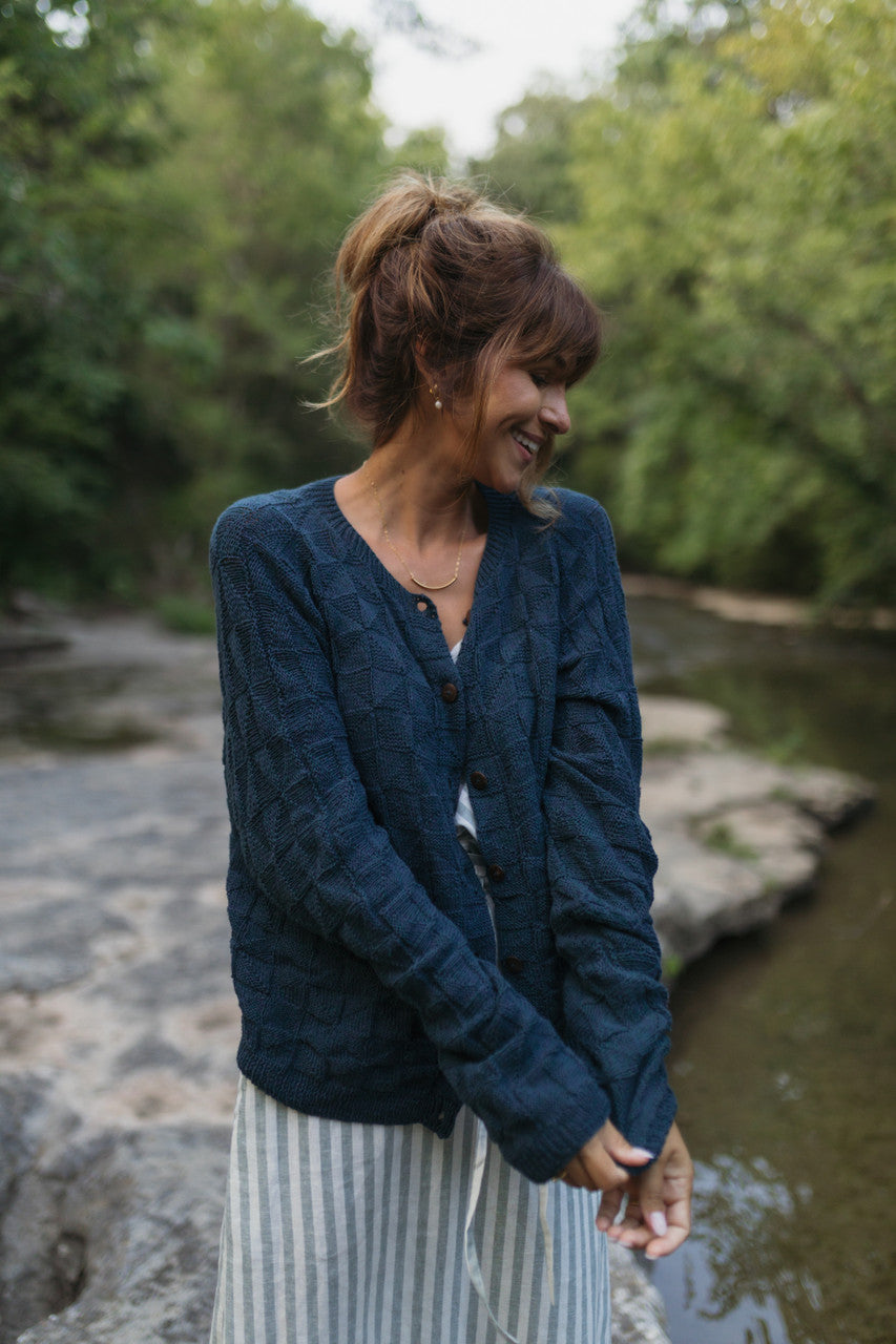 Tina Triangle Knit Cotton Cardigan in Teal Made to Order