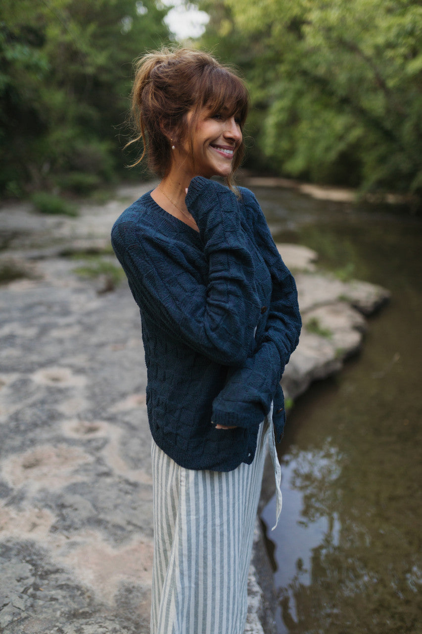 Tina Triangle Knit Cotton Cardigan in Teal Made to Order