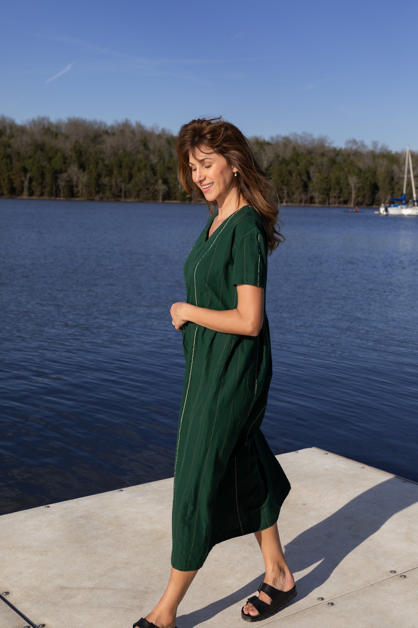 Eloise Handwoven Cotton Dress in Dark Green - XL Left