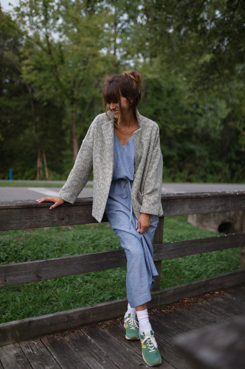 Portuguese Wool Pieper Coat in Light Grey and Cream Lace Weave Made to Order