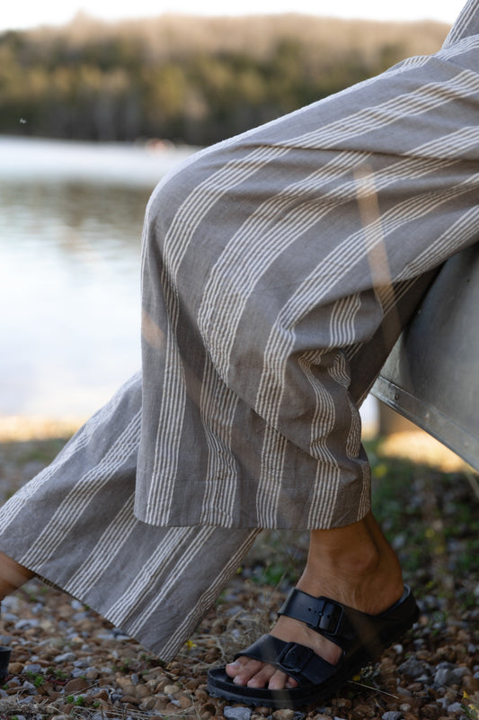 Handwoven Cotton Pants in Grey and White Stripe