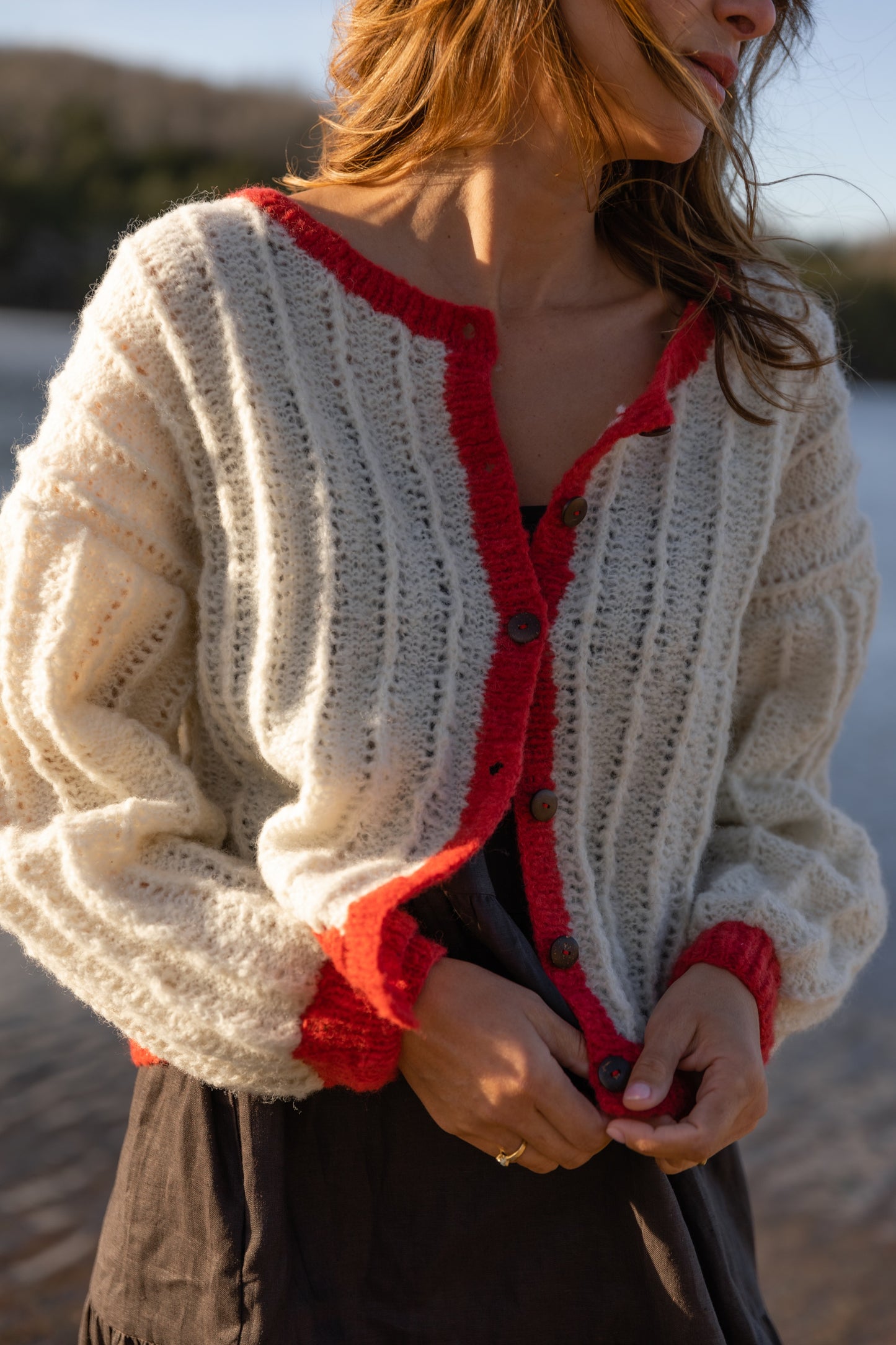 Agnes Mohair Cardigan in Natural White and Red Made to Order