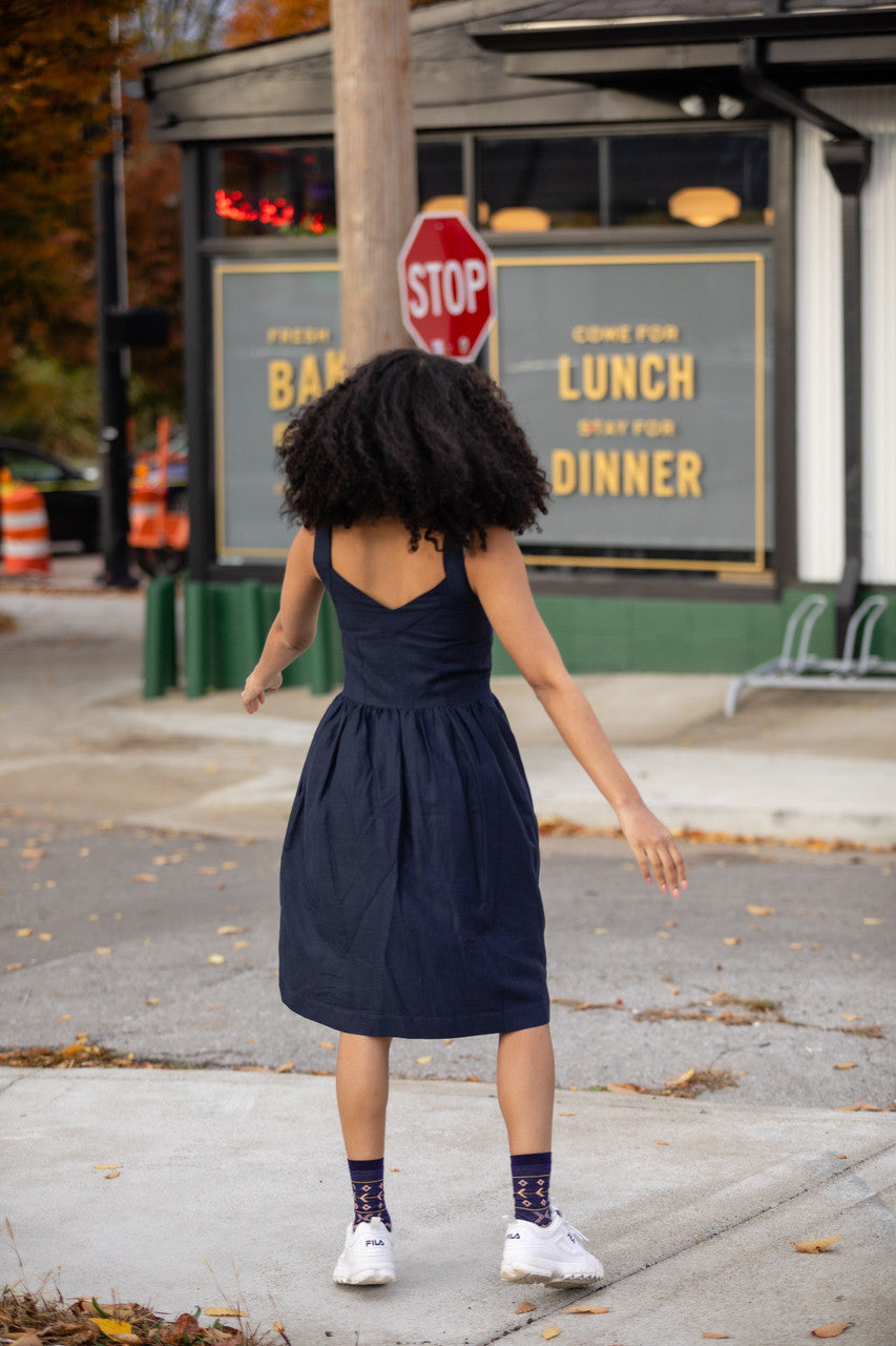 Mia Linen Dress in Navy