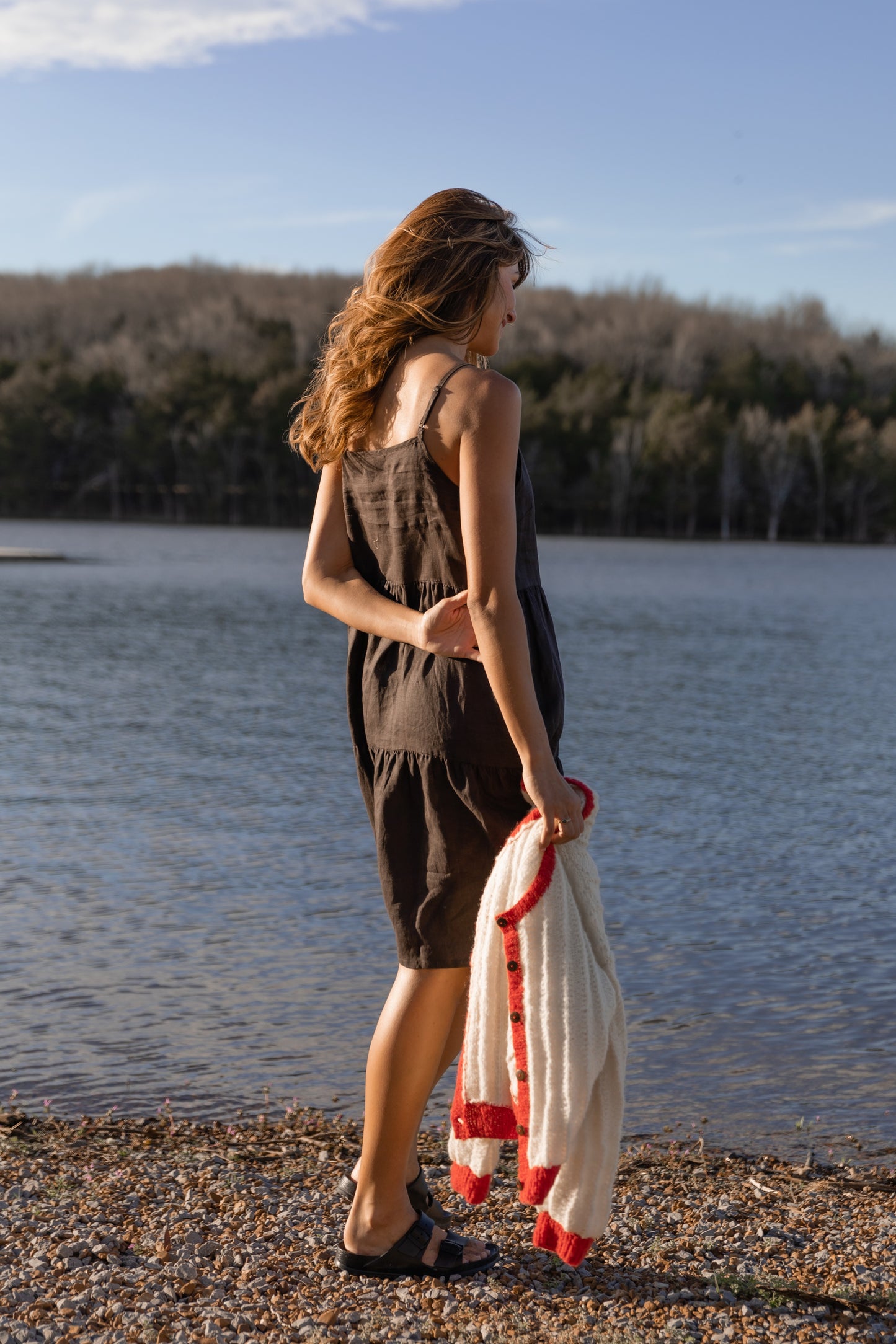 Lena Tiered Linen Dress in Dark Brown