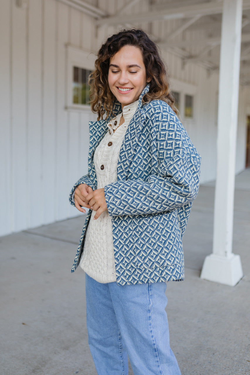 Portuguese Wool Pieper Coat in Midnight Blue Diamond Weave Made to Order