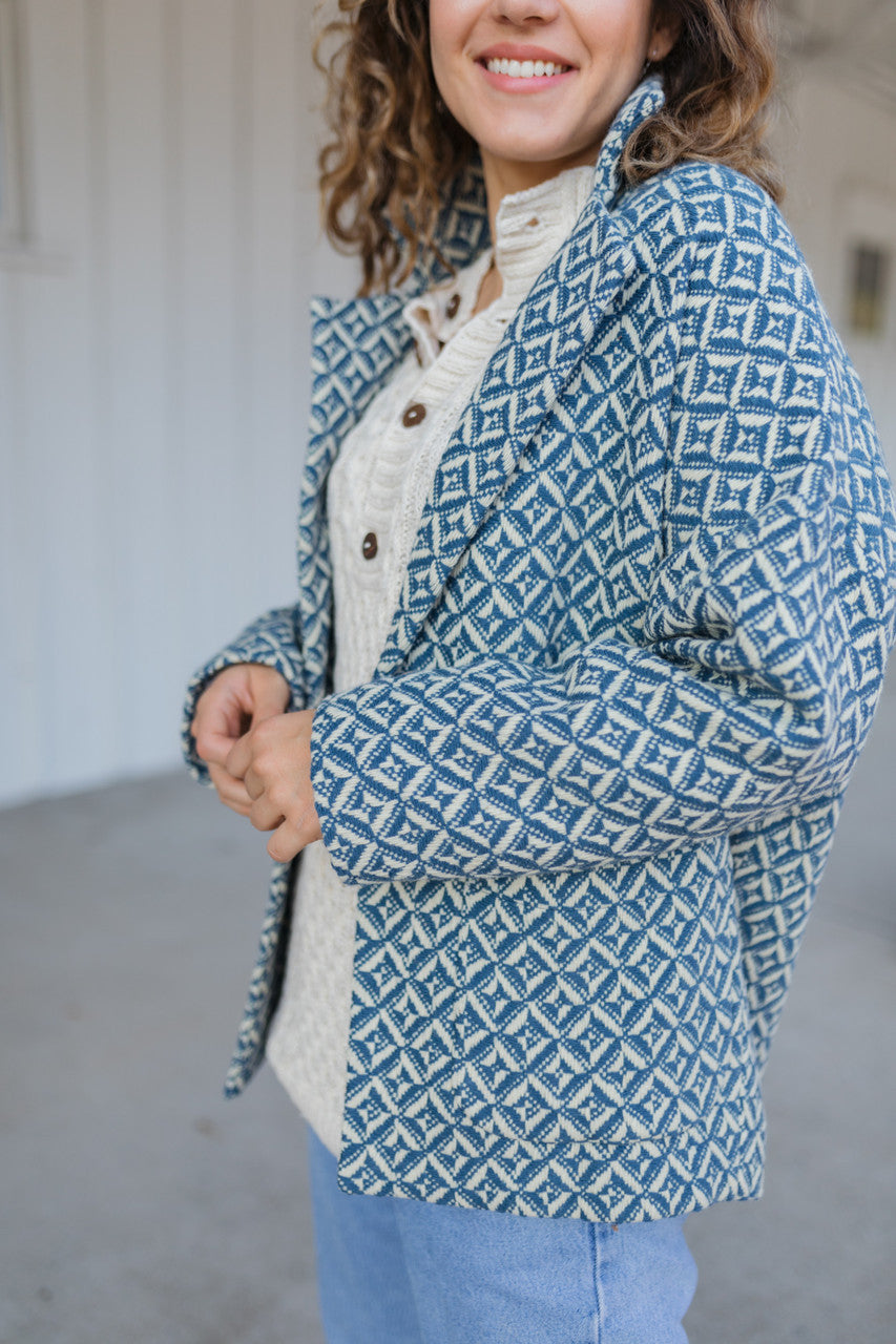 Portuguese Wool Pieper Coat in Midnight Blue Diamond Weave Made to Order