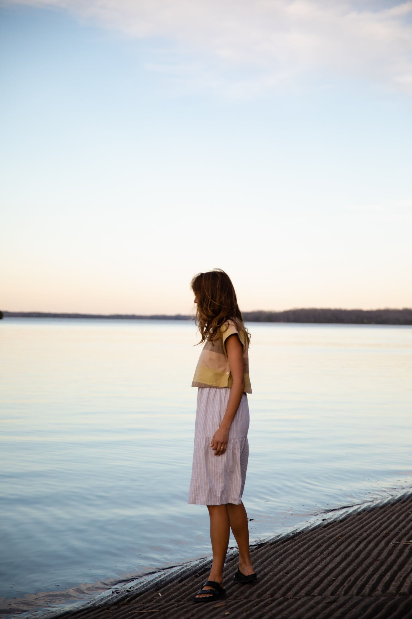 Lena Tiered Linen Dress in Beige and White Stripe