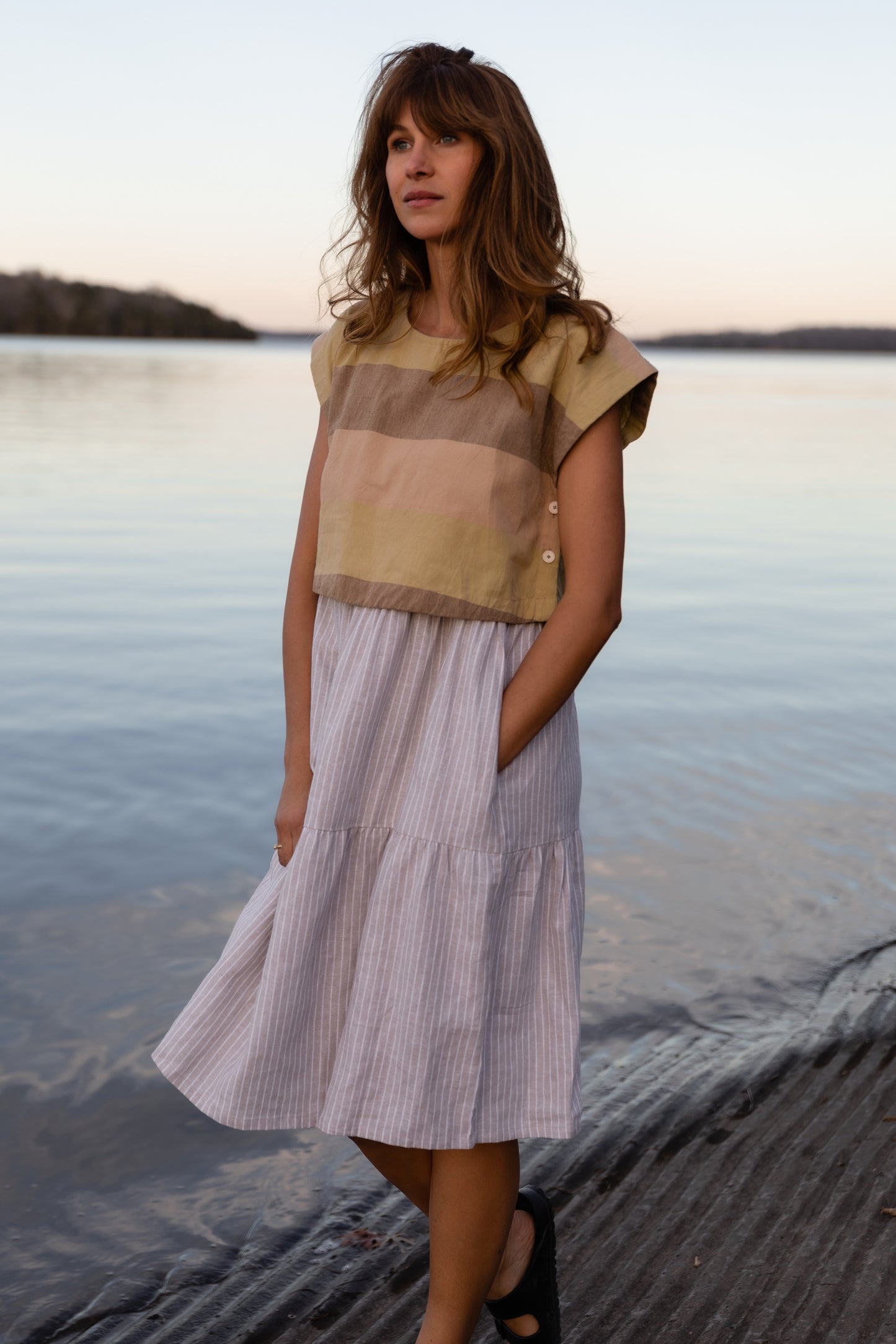 Lena Tiered Linen Dress in Beige and White Stripe