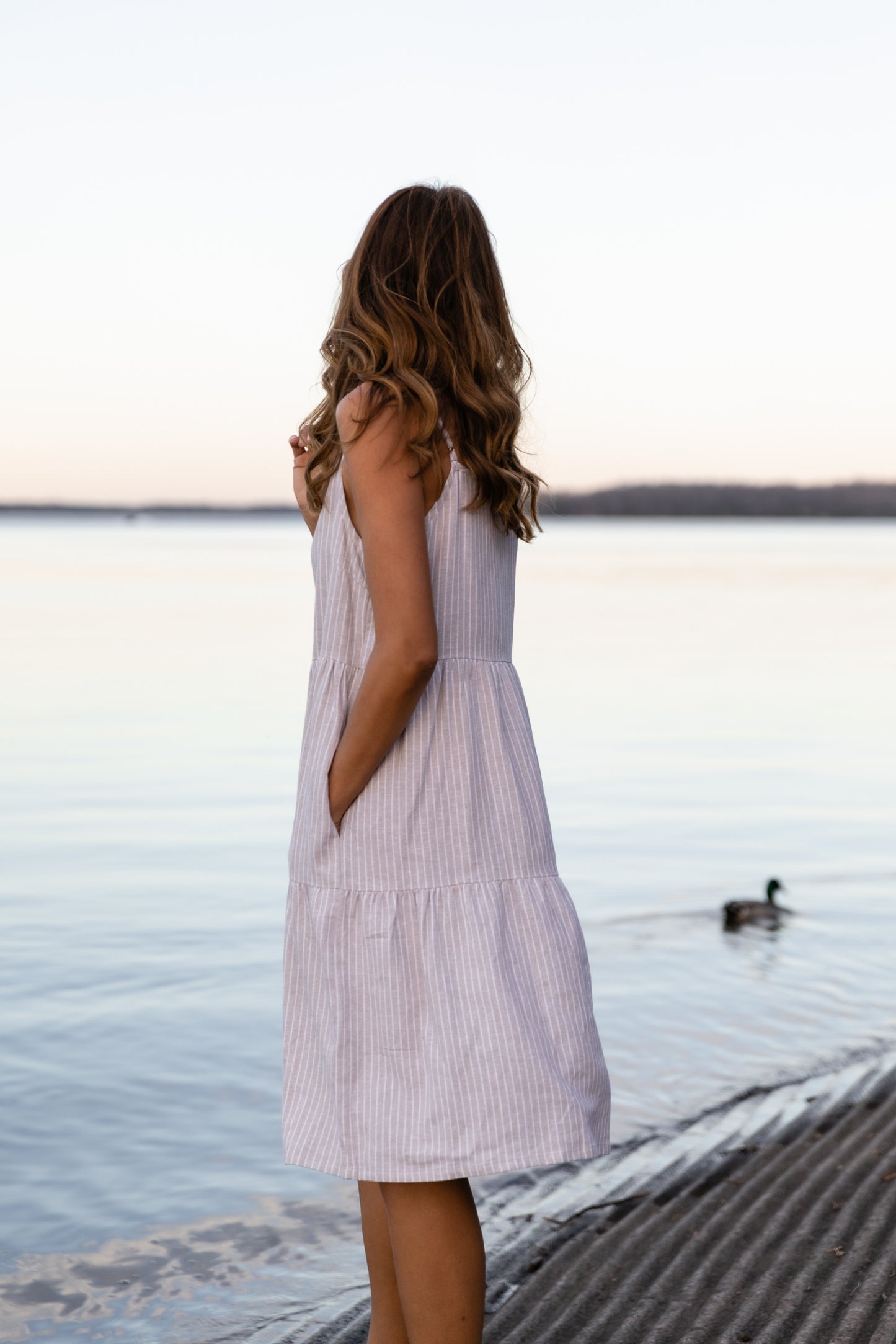 Lena Tiered Linen Dress in Beige and White Stripe