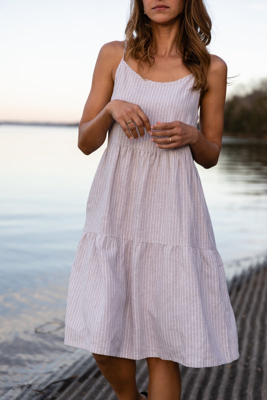 Lena Tiered Linen Dress in Beige and White Stripe