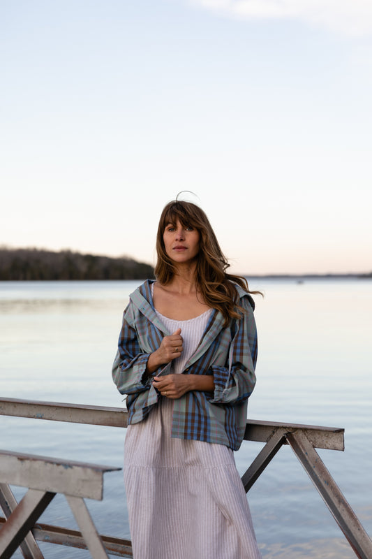 Maria Handwoven Cotton Jacket in Teal and Brown Plaid