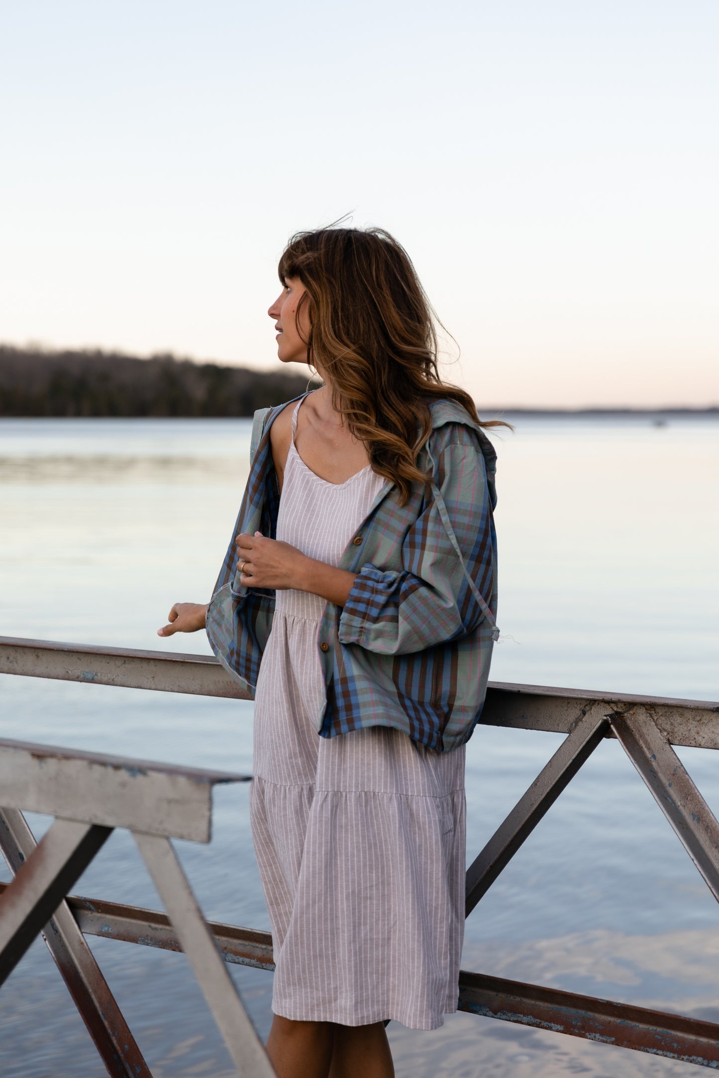 Lena Tiered Linen Dress in Beige and White Stripe