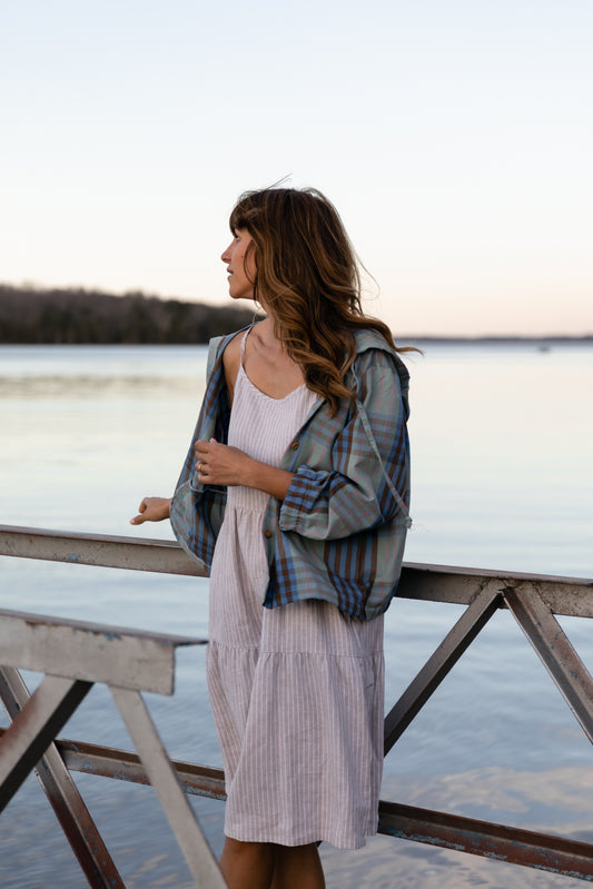 Maria Handwoven Cotton Jacket in Teal and Brown Plaid