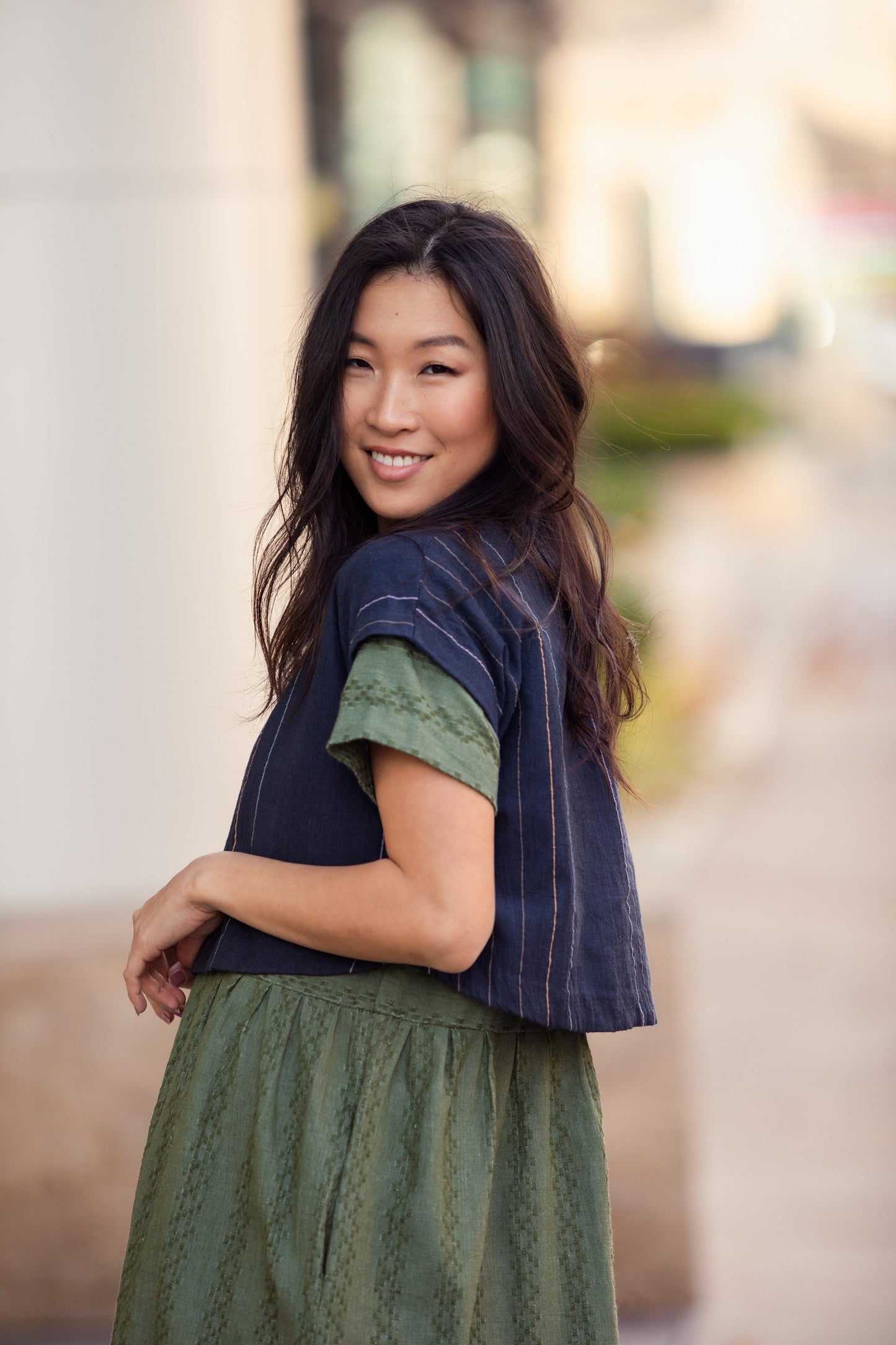 Katie Handwoven Cotton Set in Navy Pin Stripe Made to Order