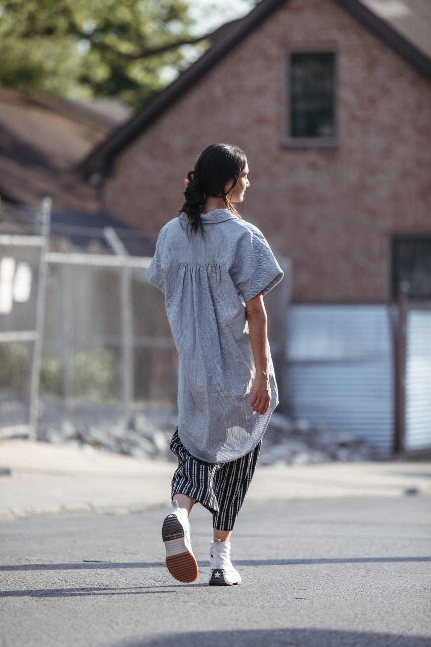 Paige Handwoven Cotton Relaxed Shirt Dress in Blue and White Pin-Stripe
