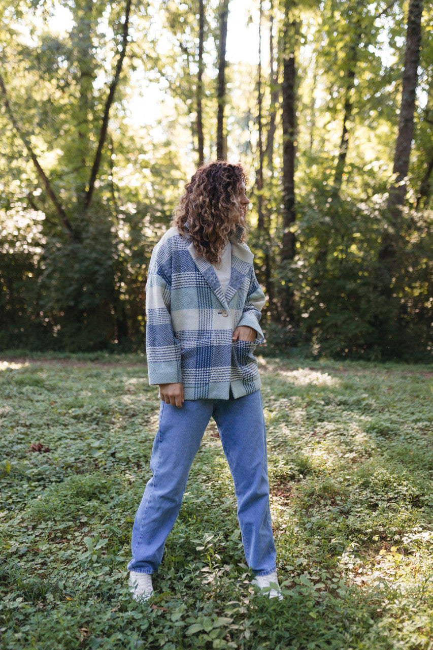 Portuguese Wool Pieper Coat in Cream and Blue Plaid Made to Order