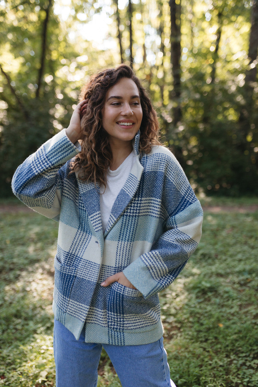 Portuguese Wool Pieper Coat in Cream and Blue Plaid Made to Order