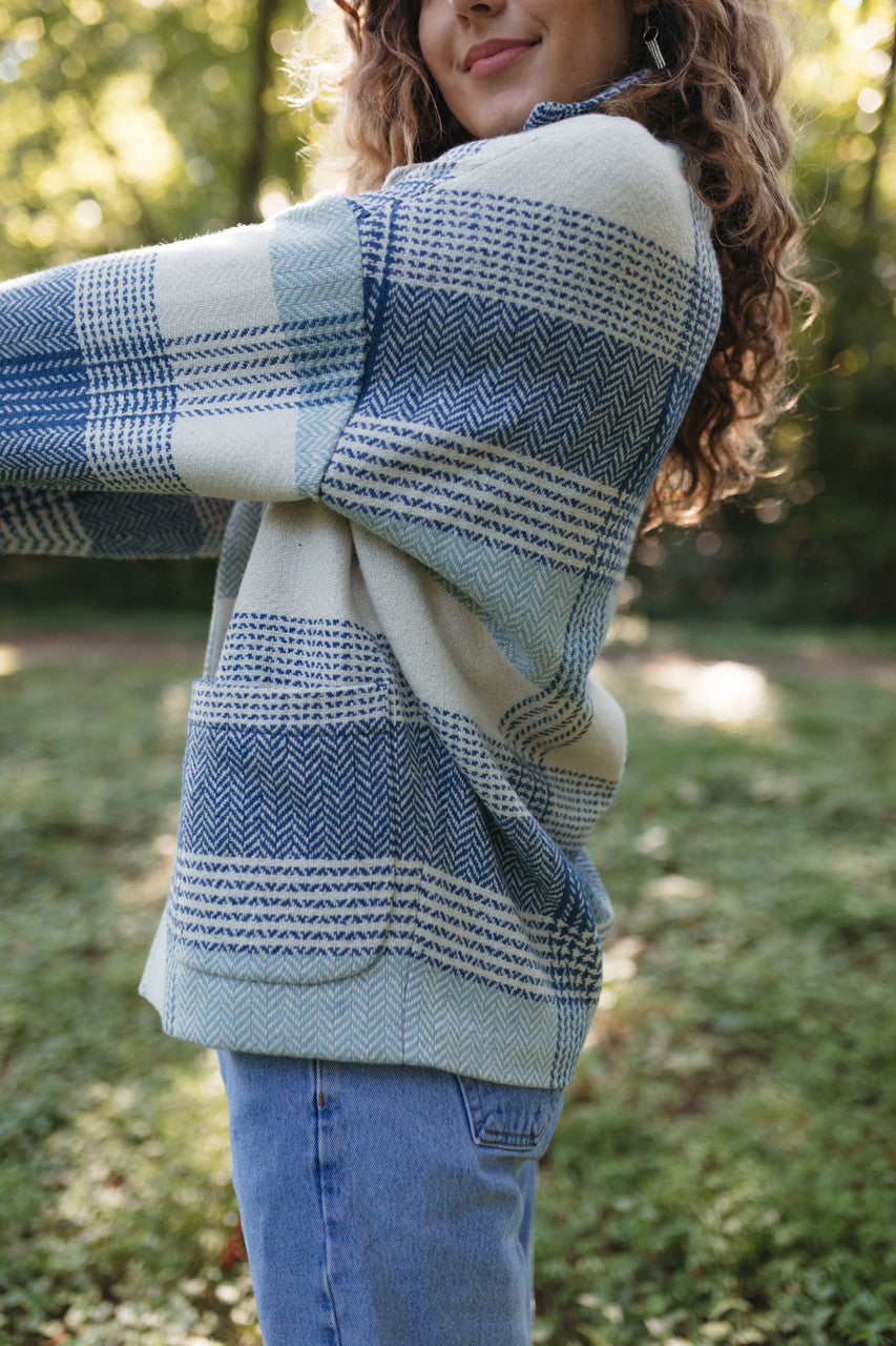 Portuguese Wool Pieper Coat in Cream and Blue Plaid Made to Order