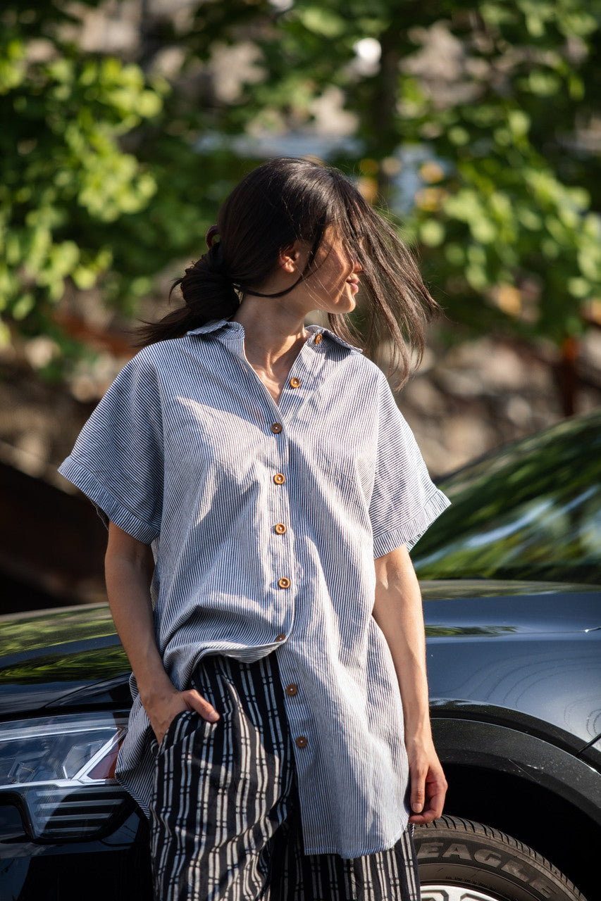 Paige Handwoven Cotton Relaxed Shirt Dress in Blue and White Pin-Stripe