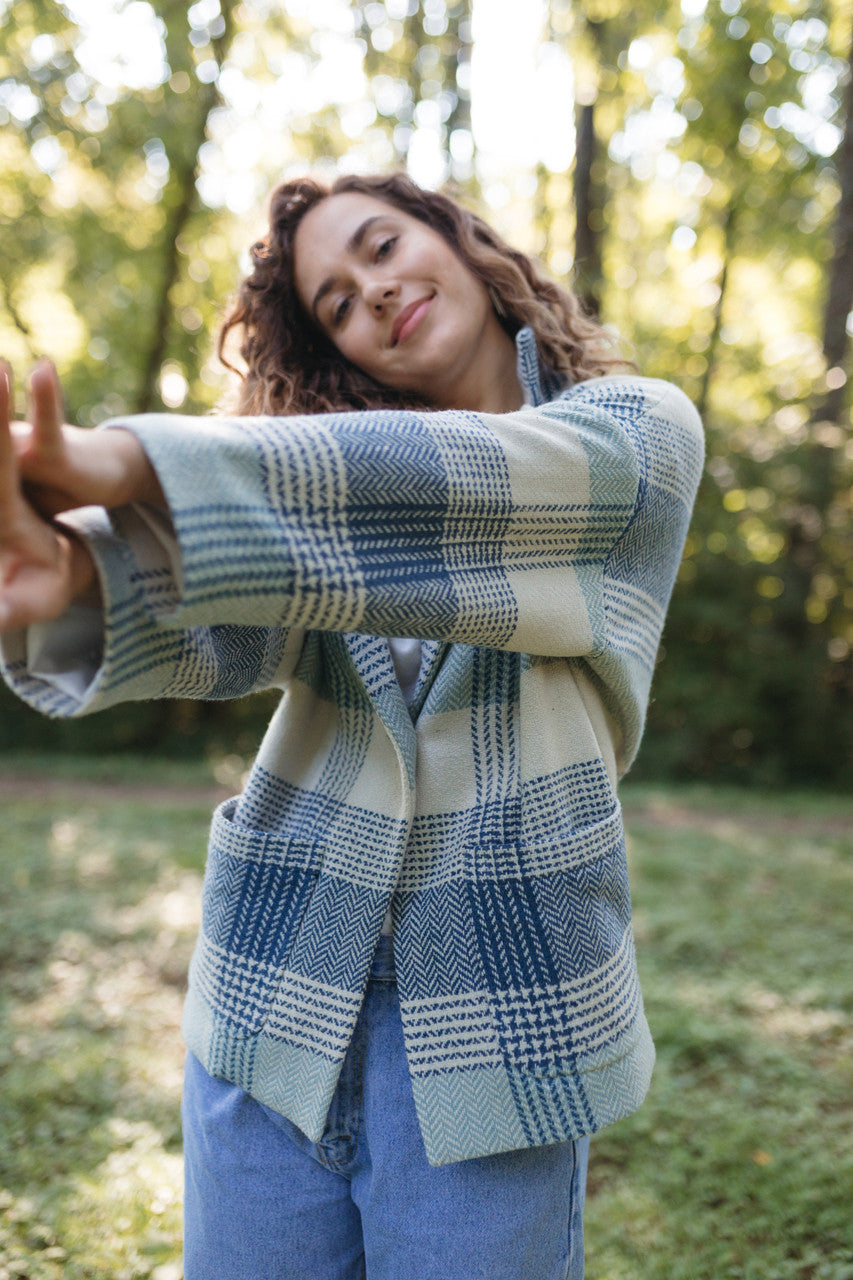 Portuguese Wool Pieper Coat in Cream and Blue Plaid Made to Order