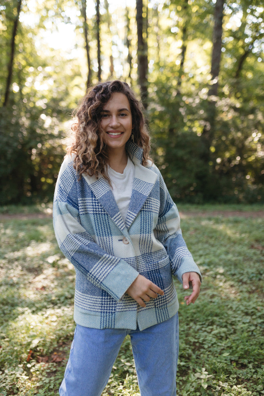 Portuguese Wool Pieper Coat in Cream and Blue Plaid Made to Order