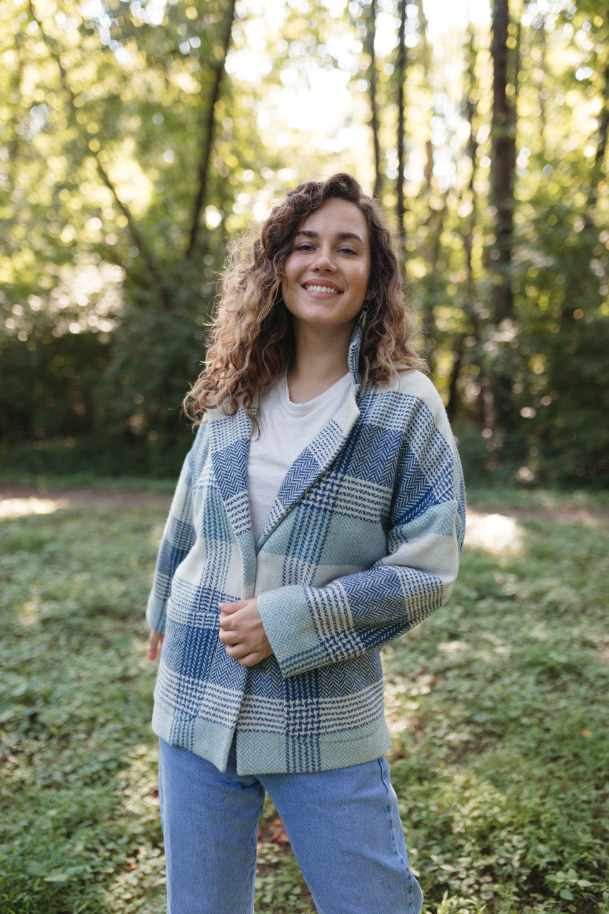 Portuguese Wool Pieper Coat in Cream and Blue Plaid Made to Order