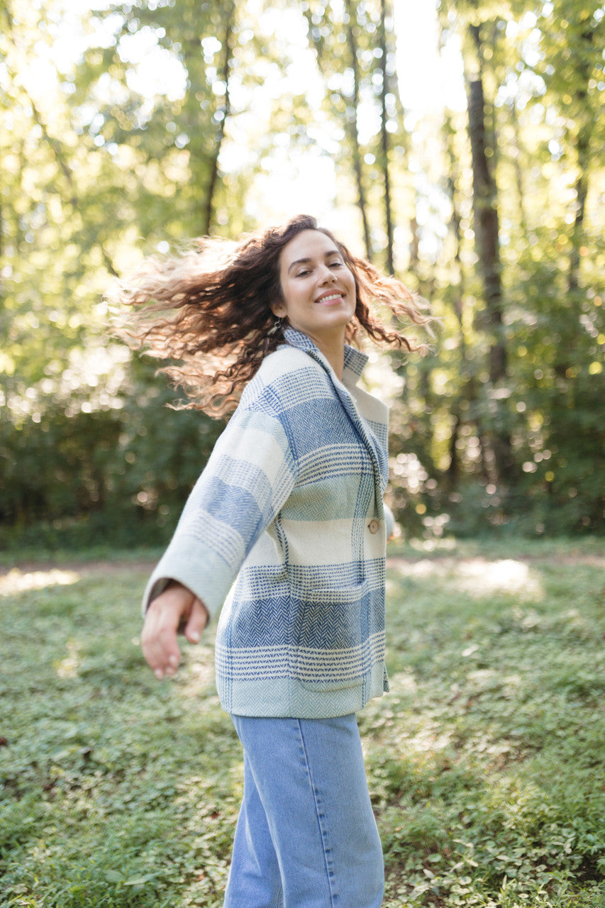 Portuguese Wool Pieper Coat in Cream and Blue Plaid Made to Order