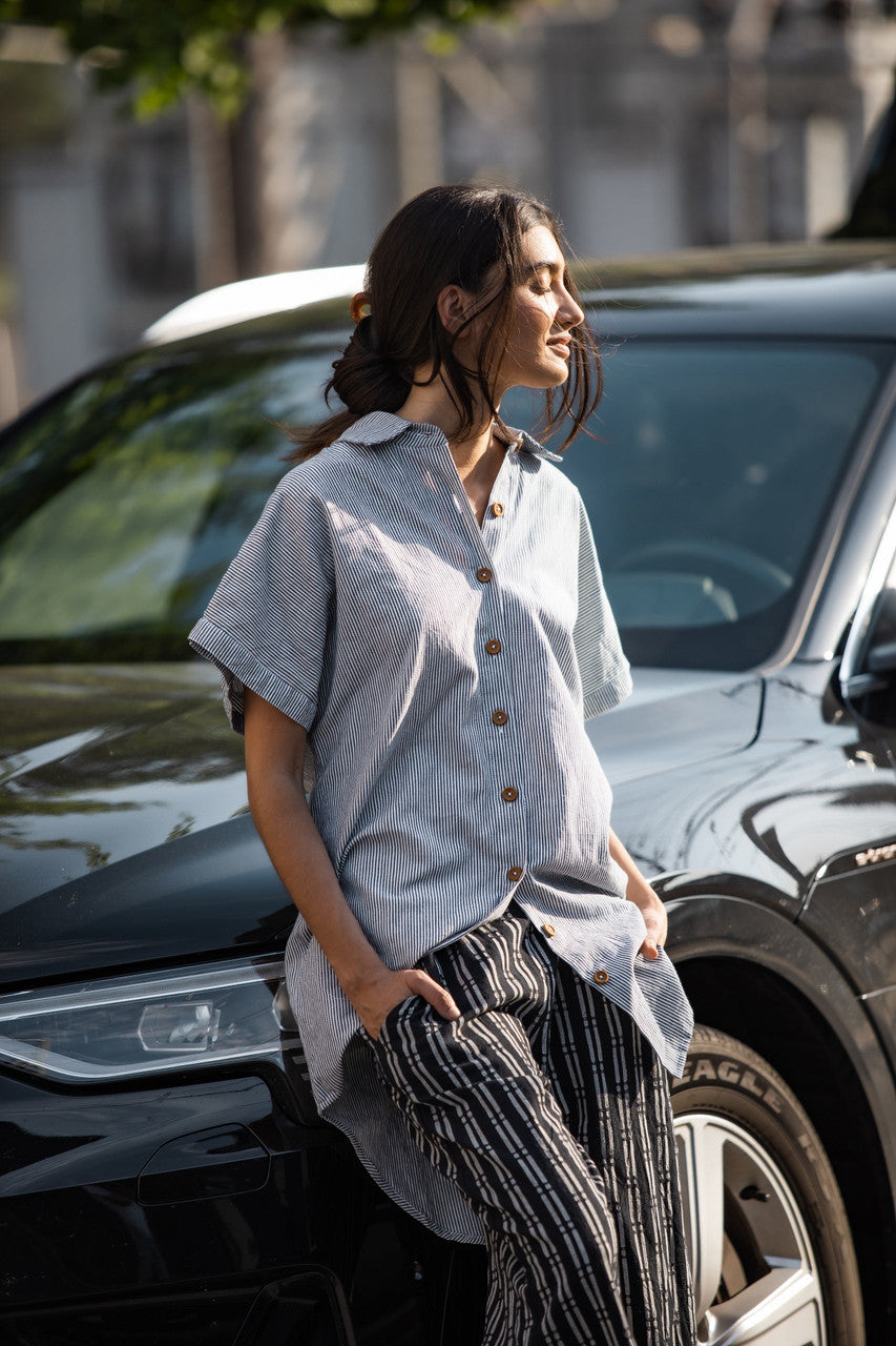 Paige Handwoven Cotton Relaxed Shirt Dress in Blue and White Pin-Stripe