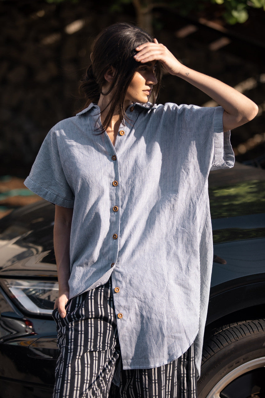 Paige Handwoven Cotton Relaxed Shirt Dress in Blue and White Pin-Stripe