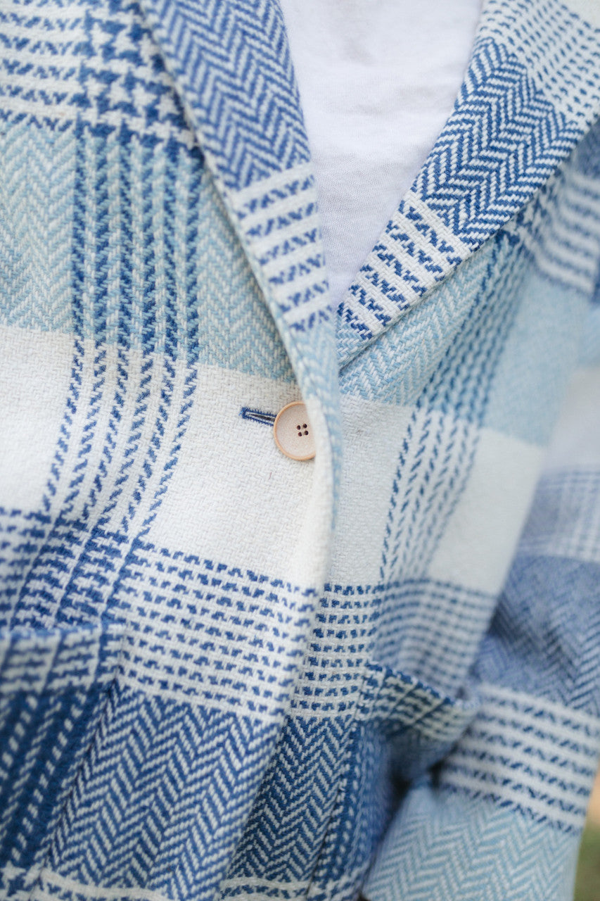 Portuguese Wool Pieper Coat in Cream and Blue Plaid Made to Order