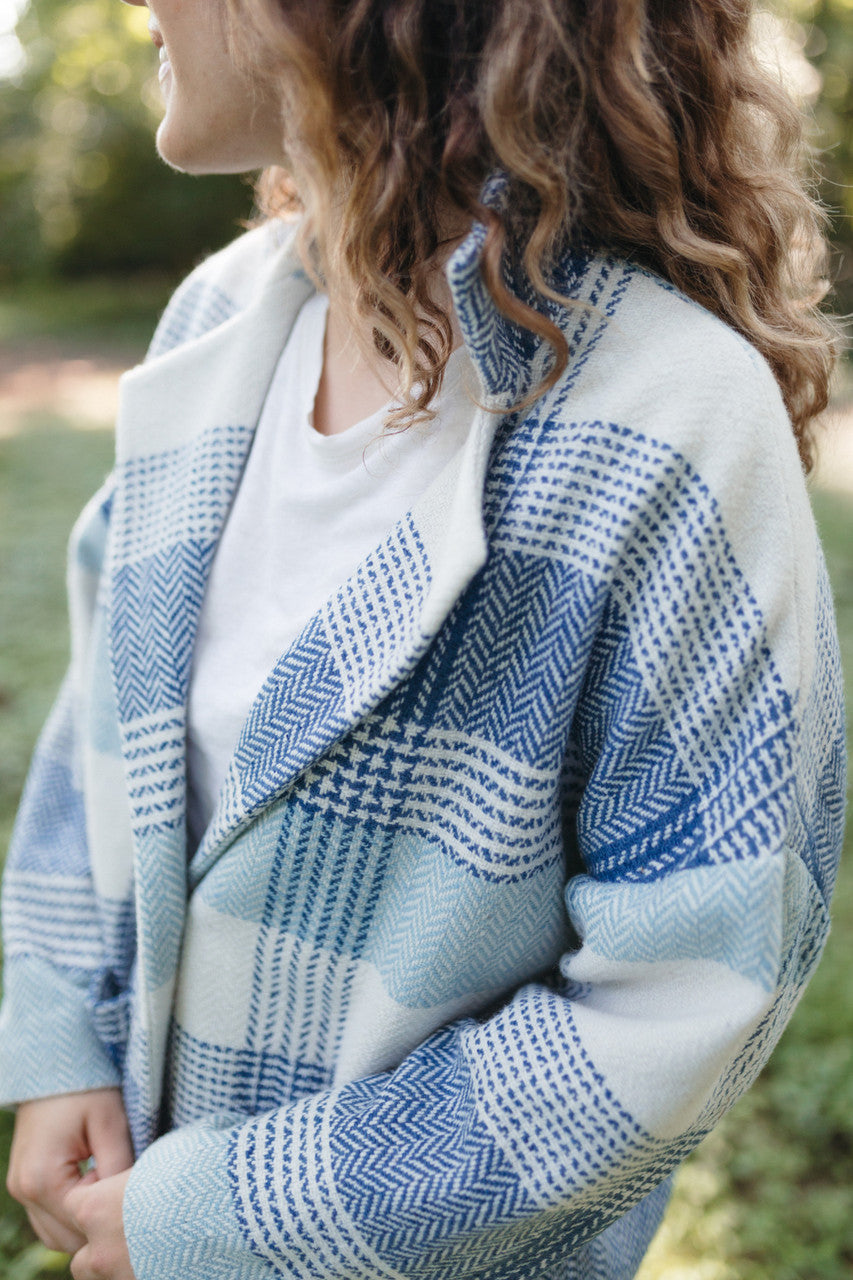 Portuguese Wool Pieper Coat in Cream and Blue Plaid Made to Order
